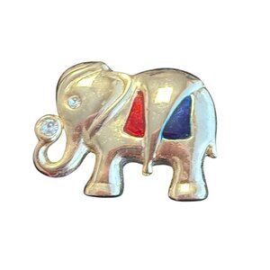 Silver-Tone Elephant Pin Brooch With Red & Blue Enamel Accents